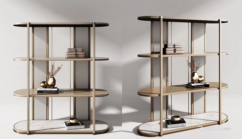 Modern Open Shelf Bookcase With Curved Wooden Frame Books Vases And Decorative Items 3d model 