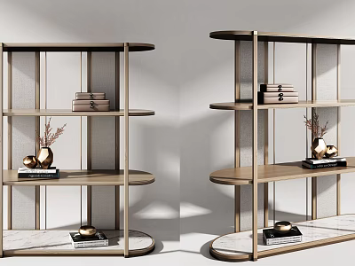 Modern Open Shelf Bookcase With Curved Wooden Frame Books Vases And Decorative Items 3d model