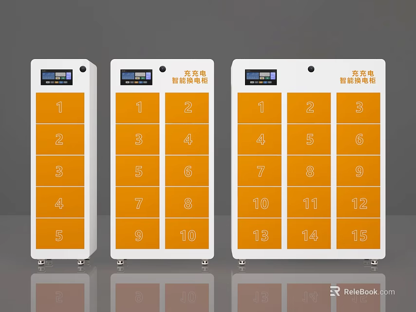 Three Smart Storage Locker Units With Digital Screens And Numbered Compartments 3d model
