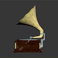 Vintage Gramophone With Golden Horn Wooden Base Black Vinyl Record Red Center