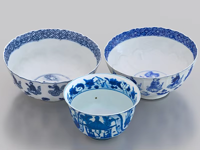 Classic Blue And White Tableware Set With Traditional Pattern Bowls 3d model