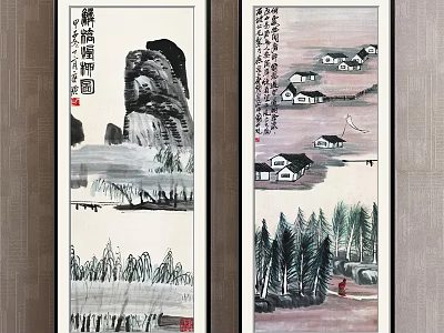 Traditional Chinese Ink Landscape Painting With Mountains Houses Trees Water And Vertical Scroll 3d model