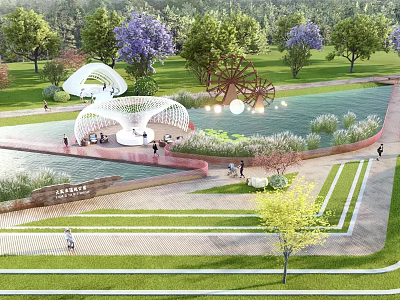 Scenic Park Landscape With Lush Green Lawns Tall Trees White Arch Water Wheel And Pond 3d model