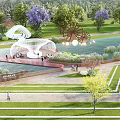 Scenic Park Landscape With Lush Green Lawns Tall Trees White Arch Water Wheel And Pond