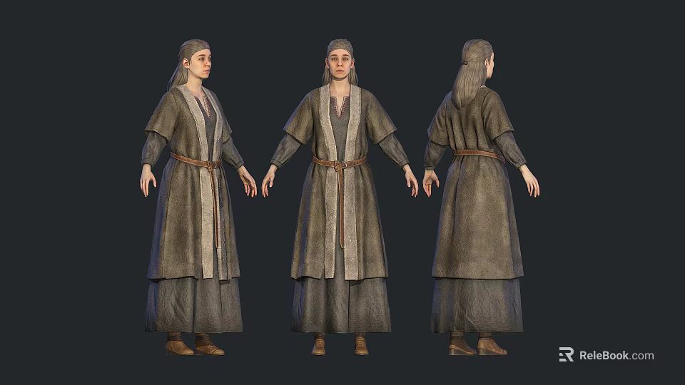 Woman in Medieval Robe with Belt and Long Hair Character Design Display Three Angles 3d model 