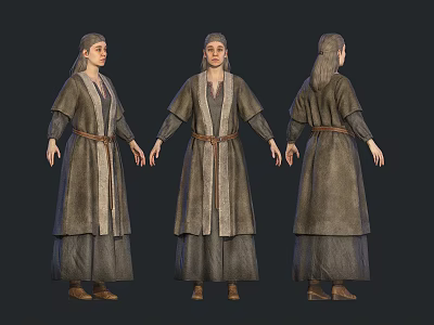 Woman in Medieval Robe with Belt and Long Hair Character Design Display Three Angles 3d model