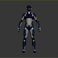 Futuristic Armored Character Suit In Blue Silver With Yellow Accents And Standing Pose
