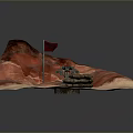 Scenic Red Mountain Landscape With Red Flag Green Robot Stone Pile Sandy Ground
