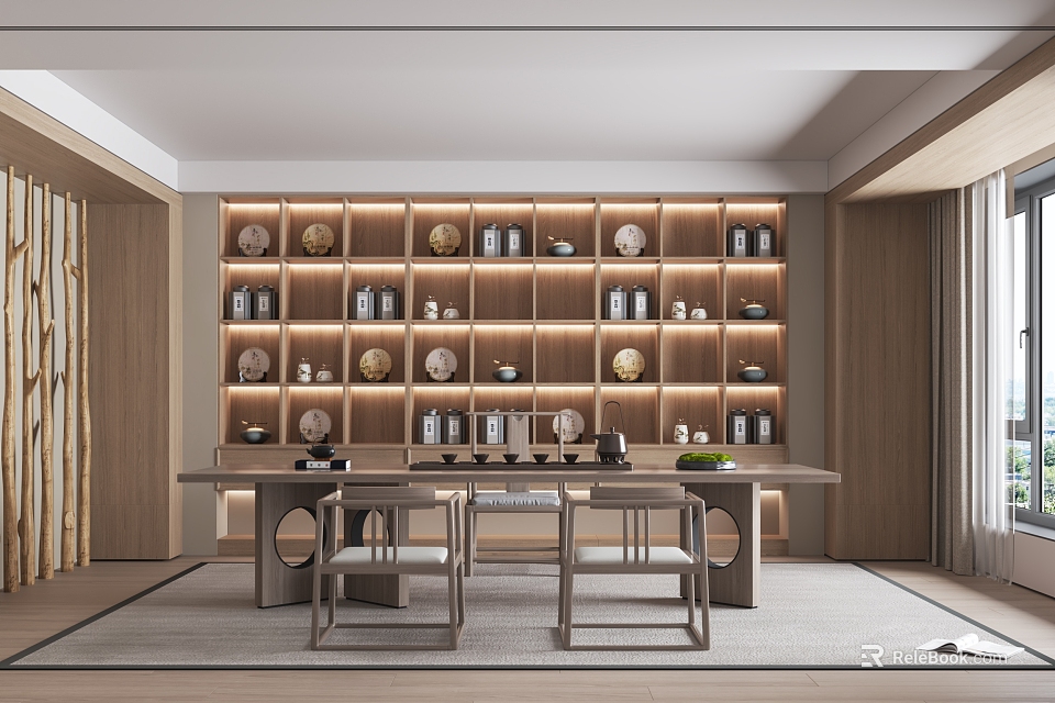 Modern Tea Room Interior With Wooden Shelves Tea Sets Decorations Long Table And Chairs 3d model 
