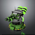 Green Mechanical Weapon Turret with Dual Barrels Antenna and Yellow Warning Stripes