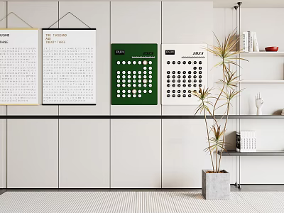 Green And White Calendars Hanging On White Wall With Potted Plant And Bookshelf 3d model