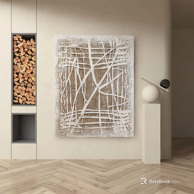 Minimalist Interior Featuring Textured Abstract Painting Firewood Stack And Sculpture Decorative Elements 3d model