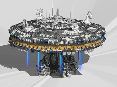 Futuristic Circular Space Station With Antennas Blue Beams And Mechanical Details 3d model