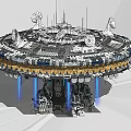 Futuristic Circular Space Station With Antennas Blue Beams And Mechanical Details