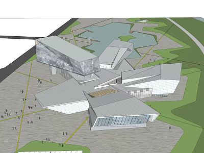 Modern Architectural Complex With Irregular Shaped White Buildings Water Body And Green Spaces 3d model