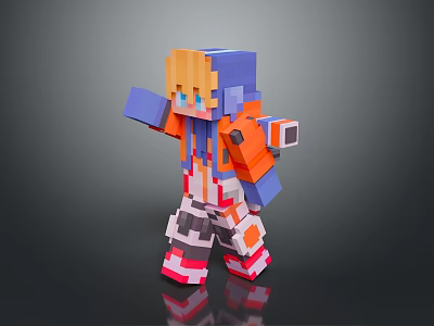 Pixel Style Character With Orange Blue Hair Waving In Colorful Outfit 3d model
