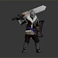 A Man in Armor Holding Large Sword and Shield With White Fur Collar and Purple Belt