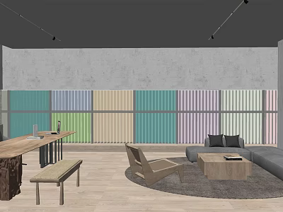 Lounge Area Featuring Colorful Striped Walls Wooden Furniture Cozy Sofa Round Rug And Long Table 3d model
