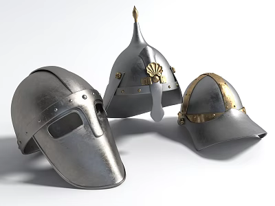 Three Medieval Metal Helmets With Different Designs And Gold Accent Details 3d model