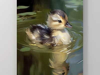 Adorable Duckling Animal Painting In Water With Lily Pads And Reflection 3d model