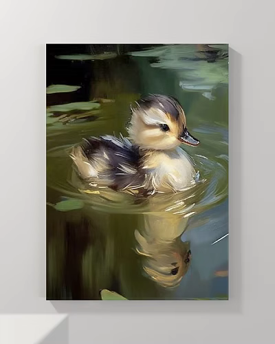 Adorable Duckling Animal Painting In Water With Lily Pads And Reflection 3d model