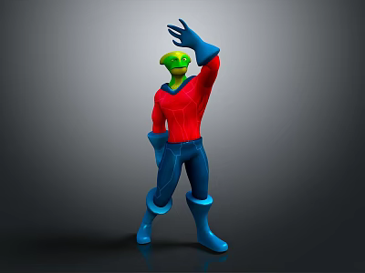 Cartoon Game Movie Character With Green Head Red Shirt And Blue Outfit Waving Hand 3d model