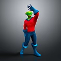 Cartoon Game Movie Character With Green Head Red Shirt And Blue Outfit Waving Hand