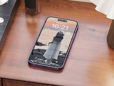 Modern Smartphone With Time Display Wallpaper And Purple Case On Wooden Table 3d model