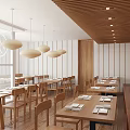 Modern Wooden Restaurant Interior With Pendant Lights Tables Chairs And Neatly Arranged Tableware