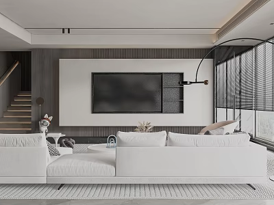 Modern Minimalist Living and Dining Room Interior With White Sofa TV Wall and Large Windows 3d model