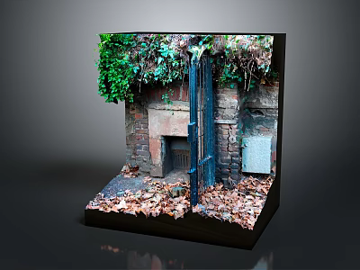 Detailed Miniature Scene Featuring Brick Wall Green Ivy Iron Gate And Fallen Leaves 3d model