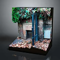 Detailed Miniature Scene Featuring Brick Wall Green Ivy Iron Gate And Fallen Leaves