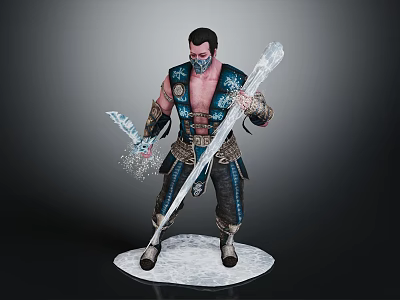 Detailed Fantasy Warrior Character With Ice Swords And Blue Decorated Armor On Ice Base 3d model
