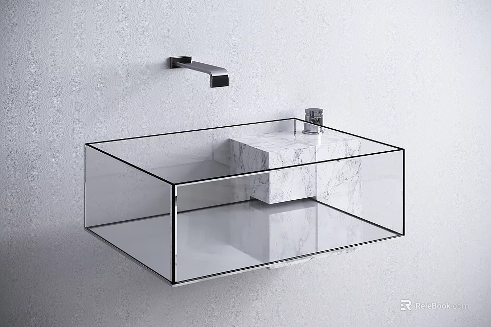 Transparent Glass Washbasin with Marble Accent and Wall Mounted Faucet Design 3d model 