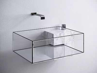 Transparent Glass Washbasin with Marble Accent and Wall Mounted Faucet Design 3d model