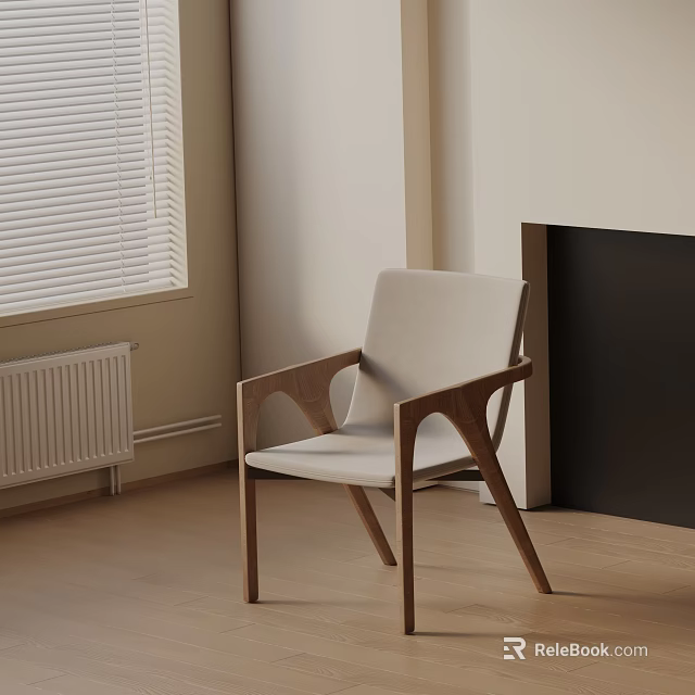 Accent Chair With Wooden Arms Light Cushion Near Window And Fireplace On Wooden Floor 3d model 