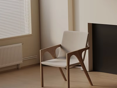 Accent Chair With Wooden Arms Light Cushion Near Window And Fireplace On Wooden Floor 3d model
