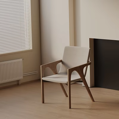 Accent Chair With Wooden Arms Light Cushion Near Window And Fireplace On Wooden Floor 3d model