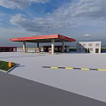 Modern Gas Station Exterior With Red Roof Canopies Fuel Pumps And Road
