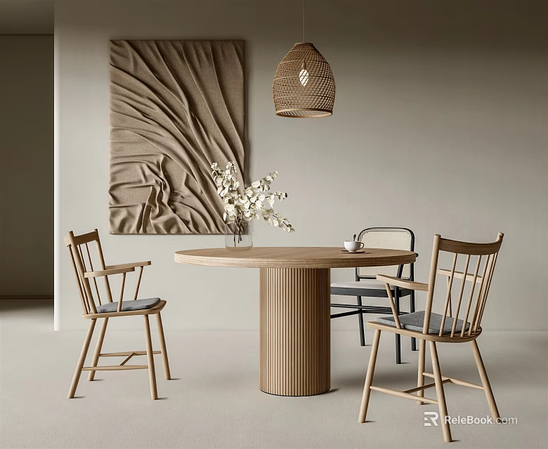 Minimalist Dining Table Set Interior With Round Wooden Table Chairs Hanging Lamp And Vase Flowers 3d model 