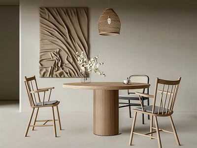 Minimalist Dining Table Set Interior With Round Wooden Table Chairs Hanging Lamp And Vase Flowers 3d model