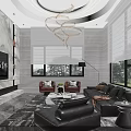 Modern Dining and Living Room Interior With Round Chandelier Marble Floor And Chairs