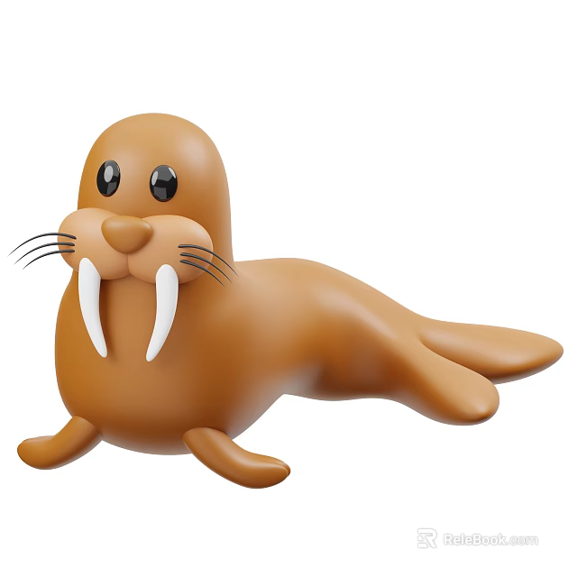 Walrus Cartoon Figure With Brown Plump Body Black Eyes White Tusks And Whiskers 3d model 