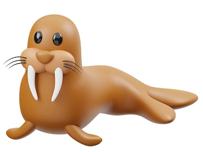 Walrus Cartoon Figure With Brown Plump Body Black Eyes White Tusks And Whiskers 3d model