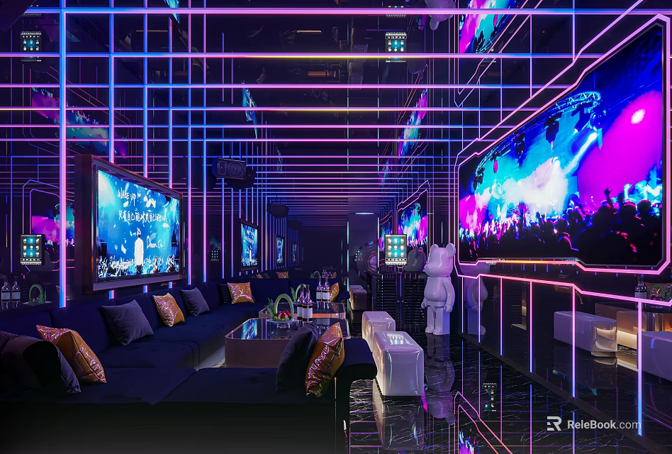Modern KTV Room Interior With Neon Lights Comfortable Sofas And Large Screens 3d model 
