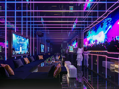 Modern KTV Room Interior With Neon Lights Comfortable Sofas And Large Screens 3d model