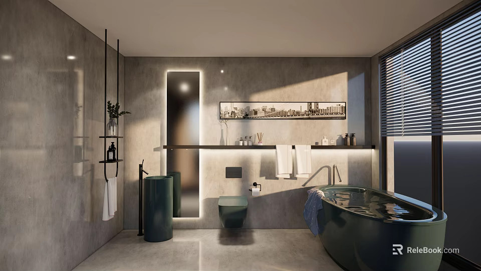 Modern Bathroom Interior With Gray Walls Green Bathtub Toilet Sink Mirror Towel Rack And Plants 3d model 