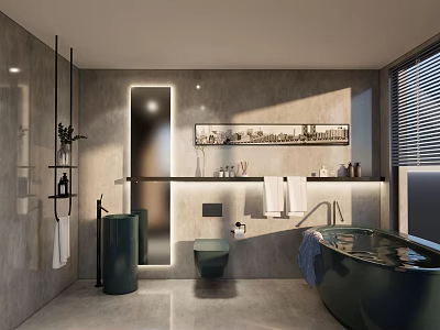 Modern Bathroom Interior With Gray Walls Green Bathtub Toilet Sink Mirror Towel Rack And Plants 3d model