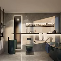Modern Bathroom Interior With Gray Walls Green Bathtub Toilet Sink Mirror Towel Rack And Plants
