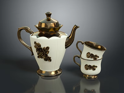 Elegant White Teapot With Gold Accents And Black Floral Pattern Cups 3d model